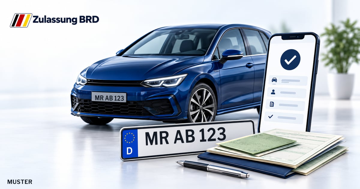 Online Fahrzeugzulassung in Lahntal: Musterkennzeichen MR AB 123, Auto und Fahrzeugpapiere und Smartphone. Illustration mit Logo von Zulassung BRD.